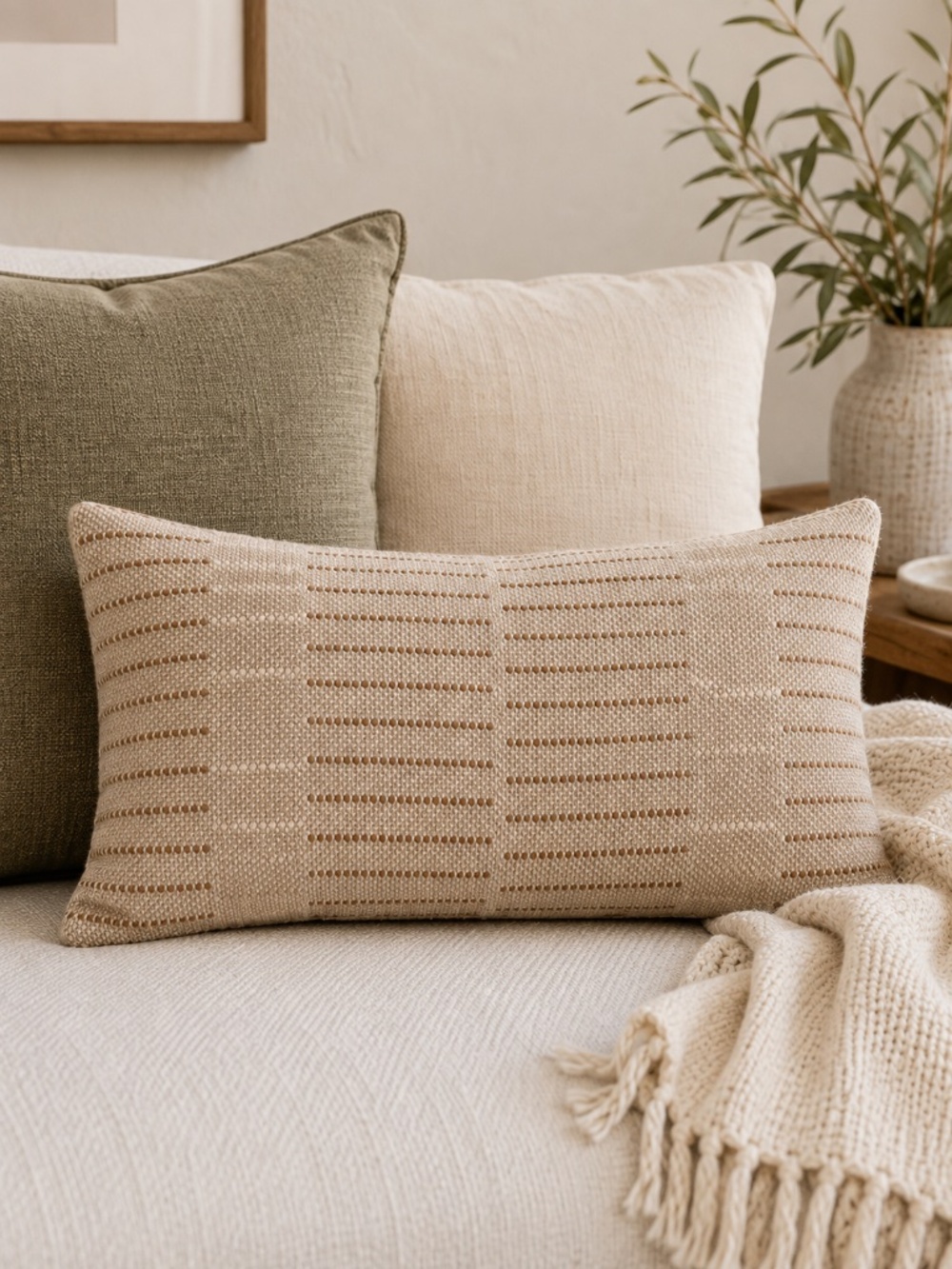 Neutral Woven Lumbar Pillow Cover Brown Beige Textured Boho 20" x 12"